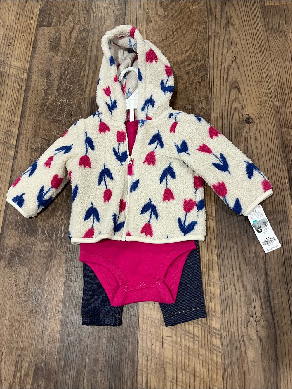 Carter's Cream Sherpa Hoodie One-Piece with Pink & Blue Floral Print